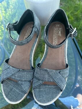 TOMS Black and Gray Espadrille Wedge Sandals with Ankle Strap